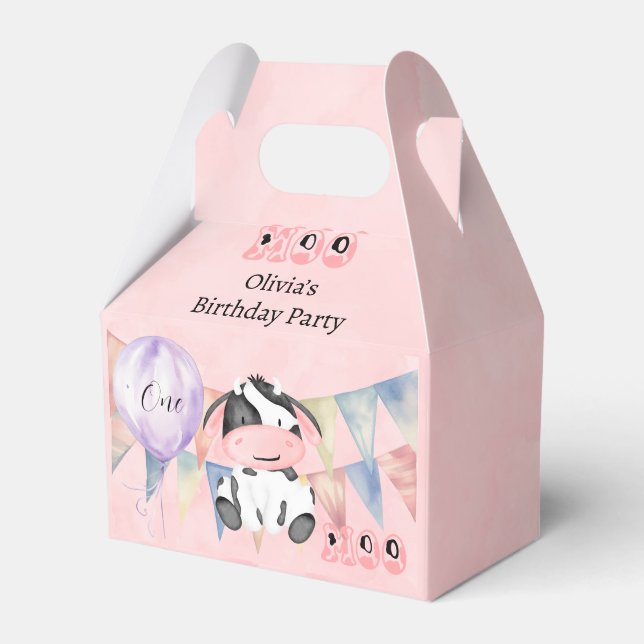 Moo Cow Girl 1st Birthday Party Custom Favour Box (Front Side)