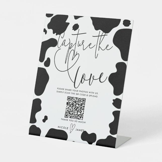 Moo Cow Spots Black White Wedding Capture the Love Pedestal Sign (Front)