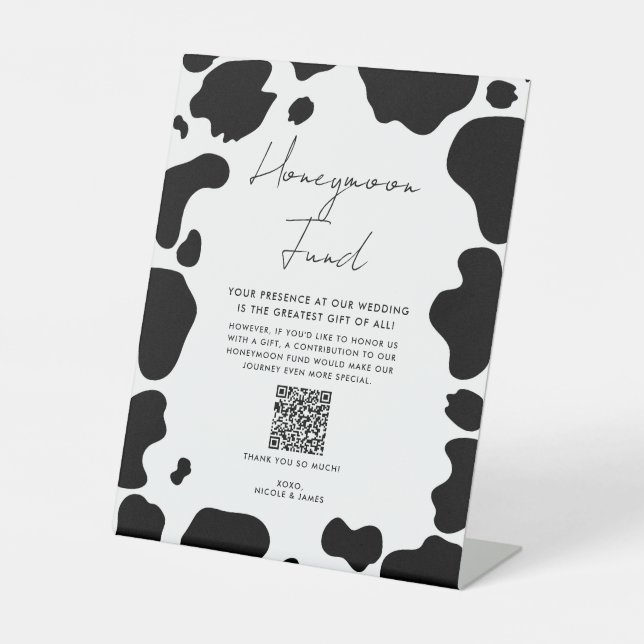 Moo Cow Spots Black White Wedding Honeymoon Fund Pedestal Sign (Front)