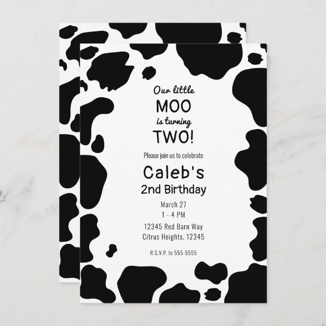 Moo Cow Spots Print Black & White Birthday Party  Invitation (Front/Back)