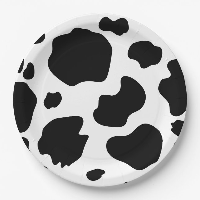 Moo Cow Spots Print Black & White Birthday Party Paper Plate (Front)