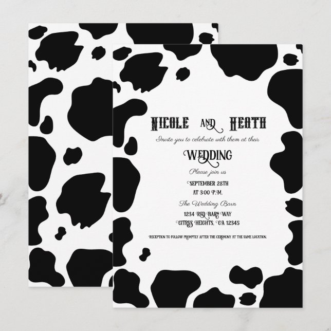 Moo Cow Spots Print Black & White Country Wedding Invitation (Front/Back)