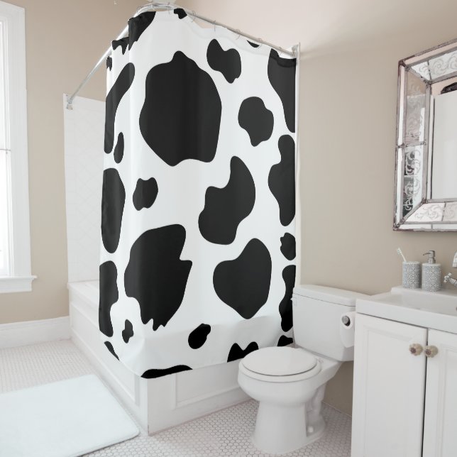 Moo Cow Spots Print Black & White Rustic Farm Shower Curtain (In Situ)