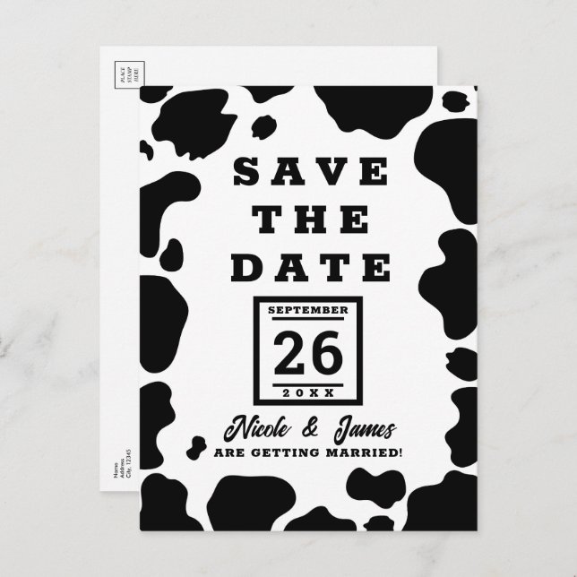 Moo Cow Spots Print Black & White Save the Date Announcement Postcard (Front/Back)