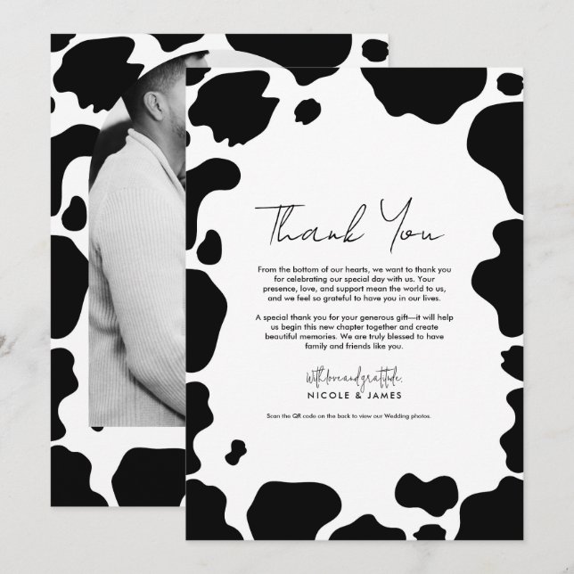 Moo Cow Spots Print Black White Thank You Invitation (Front/Back)