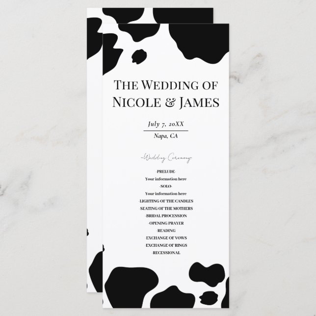 Moo Cow Spots Print Black White Wedding Program Menu (Front/Back)