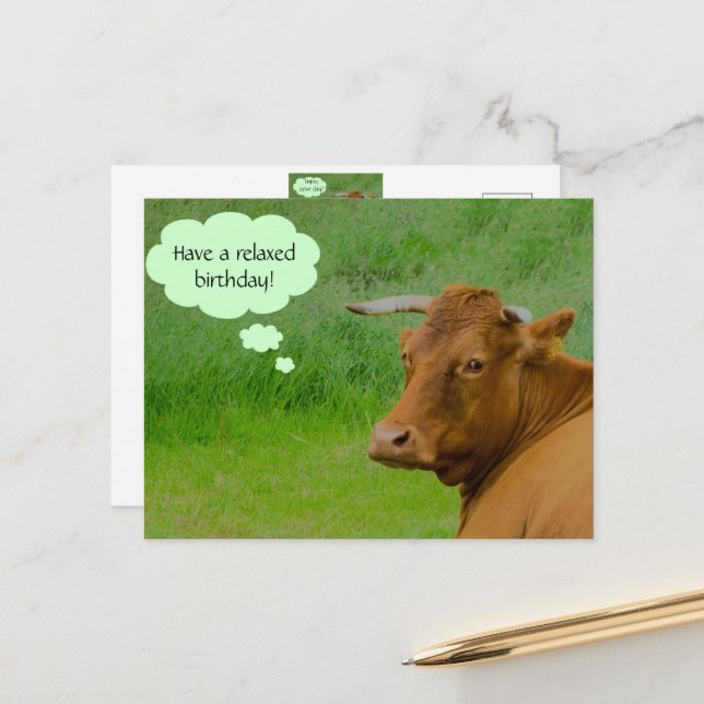 Moo! Cute cow wishes a relaxed birthday Postcard (Front/Back In Situ)