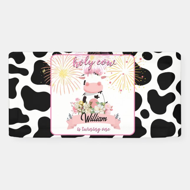 Moo cute floral pink Holy Cow 1st Birthday Banner (Horizontal)