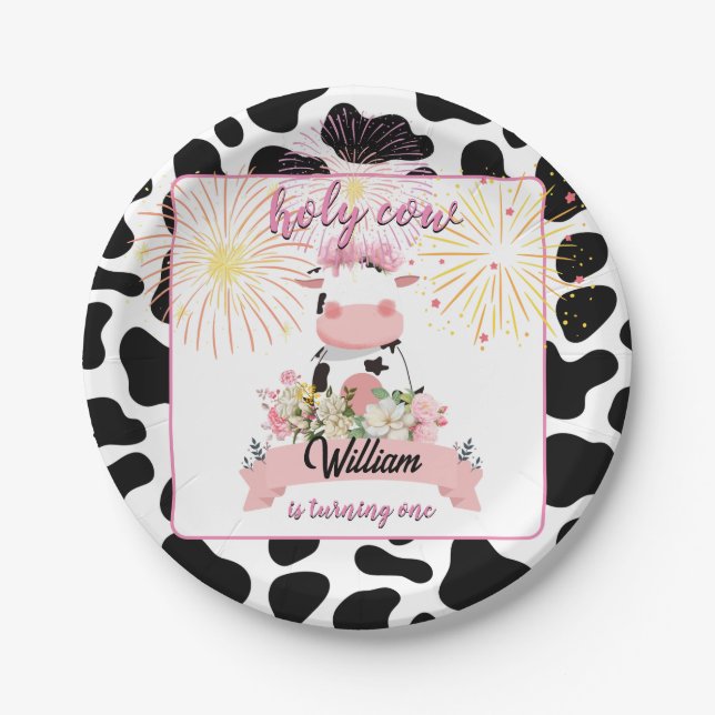 Moo cute floral pink Holy Cow 1st Birthday Paper Plate (Front)