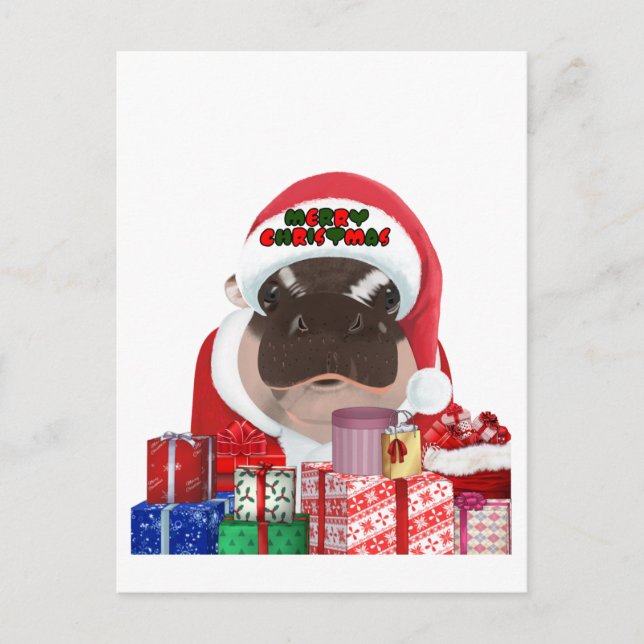 Moo Deng Hippo Christmas Postcard (Front)