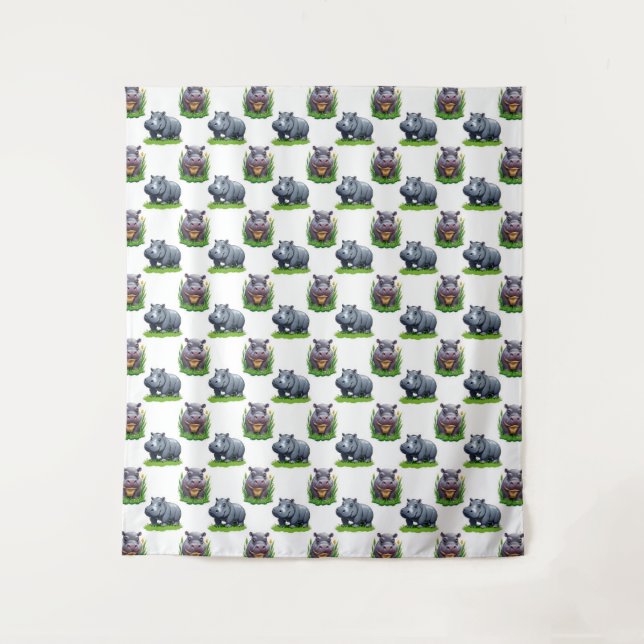 Moo Deng Hippopotamus Animal Pattern Design  Tapestry (Front)