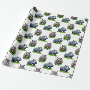 Moo Deng Hippopotamus Animal Pattern Design  Wrapping Paper