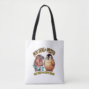 Moo Deng vs. Pesto Angry Hippo vs. Fluffy Penguin Tote Bag