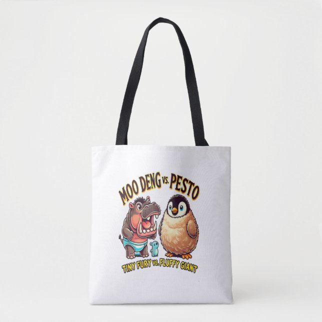 Moo Deng vs. Pesto Angry Hippo vs. Fluffy Penguin  Tote Bag (Front)