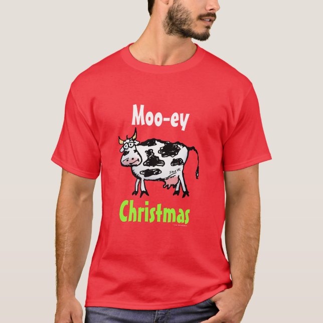 Moo-ey Christmas Cartoon Cow T-Shirt (Front)