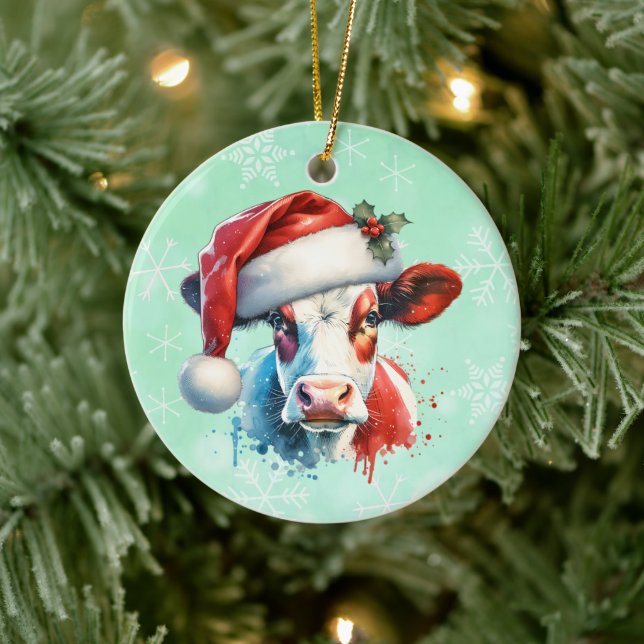Moo-ey Christmas | Cow in Santa Hat Ceramic Tree Decoration (Tree)