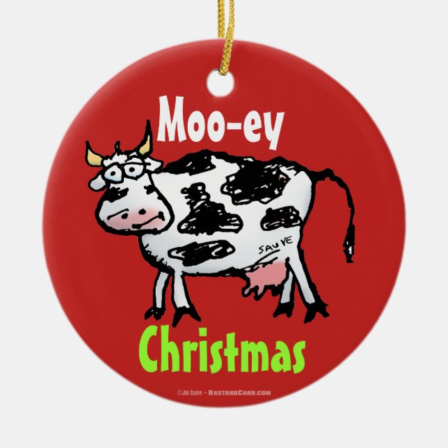 Moo-ey Christmas Funny Cow Cartoon Ceramic Tree Decoration (Front)