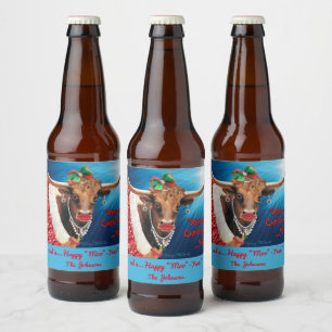 "MOO"-ey Christmas, Longhorn Cow Beer Bottle Label