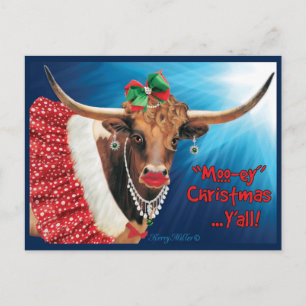 "MOO-ey" Christmas, Longhorn Cow Postcard