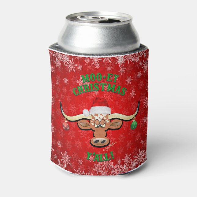 "MOO-ey" Christmas, Longhorn Steer Can Cooler (Can Back)