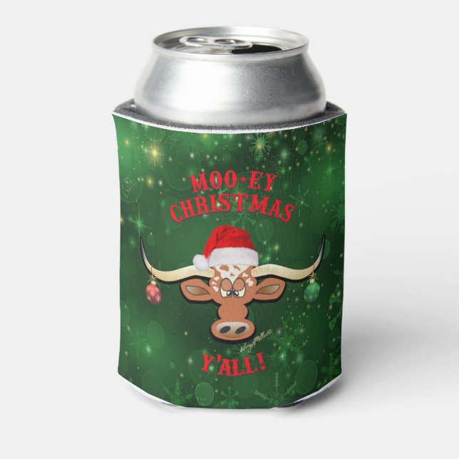 "MOO-ey" Christmas, Longhorn Steer Can Cooler (Can Back)