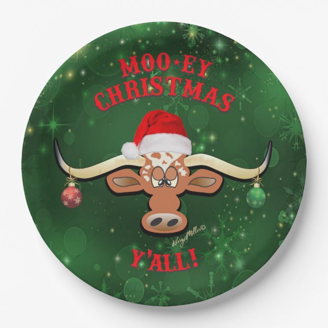 "MOO-ey Christmas,  Longhorn Steer Paper Plate (Front)