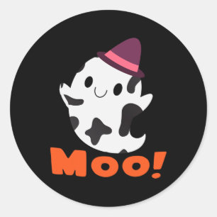 Moo! Funny Cow Ghost Halloween Women Girls Boys Classic Round Sticker