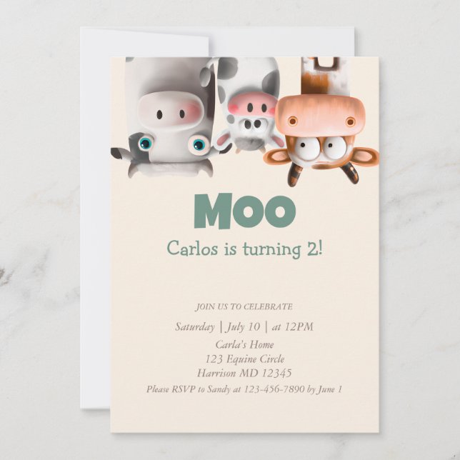 Moo I’m Two Cute Cow Second Birthday Invitation (Front)