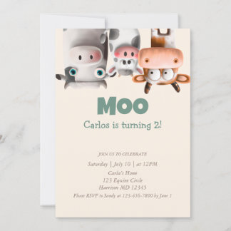 Moo I’m Two Cute Cow Second Birthday Invitation