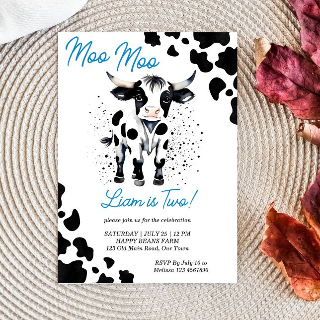 Moo moo cow black and blue cute cow birthday party invitation (Moo moo cow black and blue cute cow baby bull birthday party template invitation instant download)