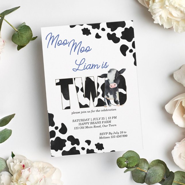 Moo moo cow black and blue cute cow birthday party invitation (Creator Uploaded)