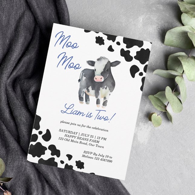 Moo moo cow black and blue cute cow birthday party invitation (Creator Uploaded)