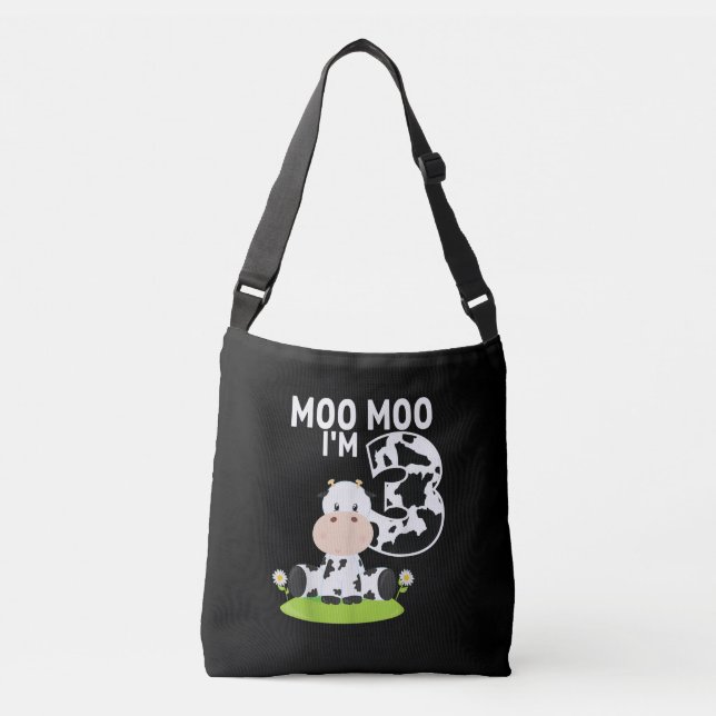 Moo Moo I'm Three 3rd Birthday Funny Cute Cow Gift Crossbody Bag (Front)