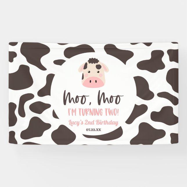 Moo Moo I'm Turning Two Cow 2nd Birthday Party Banner (Horizontal)