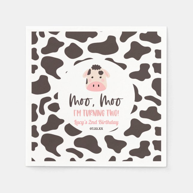 Moo Moo I'm Turning Two Cow 2nd Birthday Party Napkin (Front)