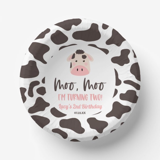 Moo Moo I'm Turning Two Cow 2nd Birthday Party Paper Plate (Front)