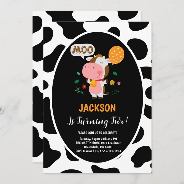 Moo Moo I'm Two Cow 2nd Birthday Party Invitation (Front/Back)