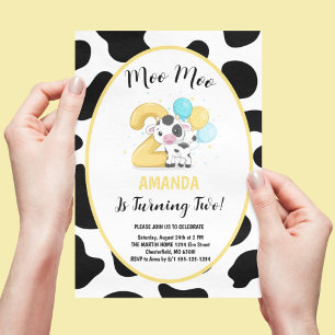 Moo Moo I'm Two Cow 2nd Birthday Party Invitation