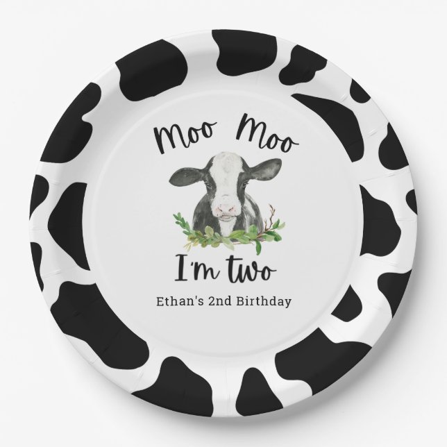 Moo Moo I'm Two Cow 2nd Birthday Party Paper Plate (Front)