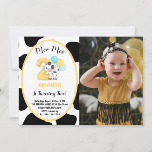 Moo Moo I'm Two Cow 2nd Birthday Photo Invitation