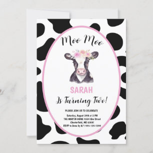 Moo Moo I'm Two Cow Girl 2nd Birthday Party Invitation