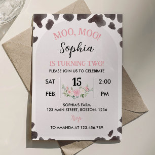 Moo Moo I'm Two Cow Girl Birthday Invitation