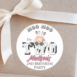 Moo Moo I'm Two Cow Print Farm Girl 2nd Birthday Classic Round Sticker