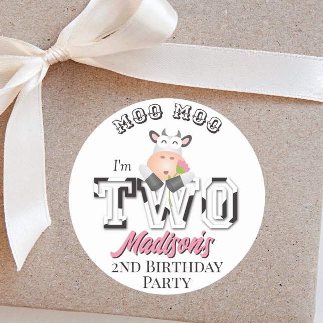 Moo Moo I'm Two Cow Print Farm Girl 2nd Birthday Classic Round Sticker (Creator Uploaded)