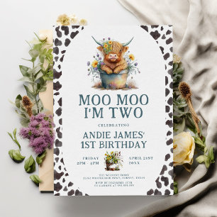 Moo Moo I'm Two Cow Print Farm Girl 2nd Birthday Invitation
