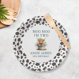 Moo Moo I'm Two Cow Print Farm Girl 2nd Birthday Paper Plate