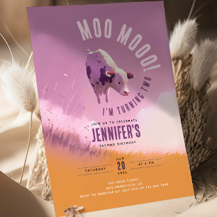 Moo Moo I'm Two Cute Pink Girl 2nd Birthday Invitation