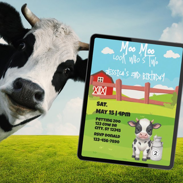 Moo, Moo, look who's TWO, cute cow 2nd birthday Invitation (Creator Uploaded)