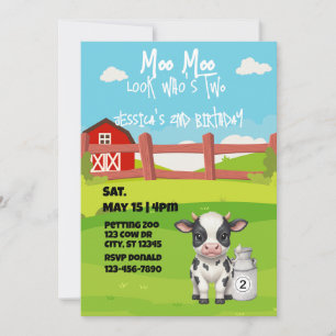 Moo, Moo, look who's TWO, cute cow 2nd birthday Invitation