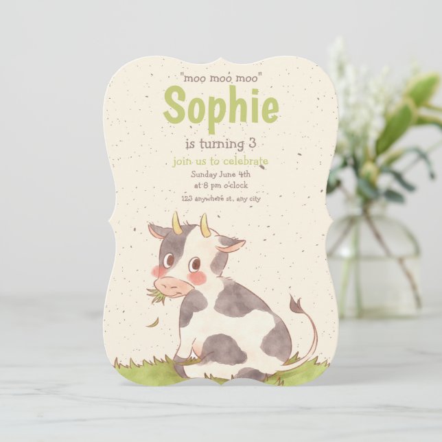 Moo Moo Moo Cow Girl Birthday Invite, Farm Girl  Invitation (Standing Front)